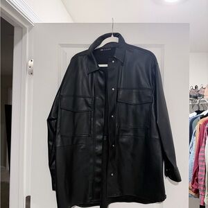Zara Black Faux Leather Shirt Jacket